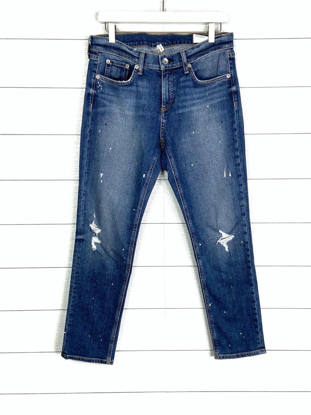 RAG & BONE Paint Splatter Dre Capri Jean Crop Blue Denim Distressed 28